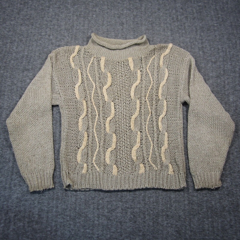 Vtg Tally Ho Wool Sweater Women L Beige Cable 3D Knit Mock Neck Grandma‎ Cottage